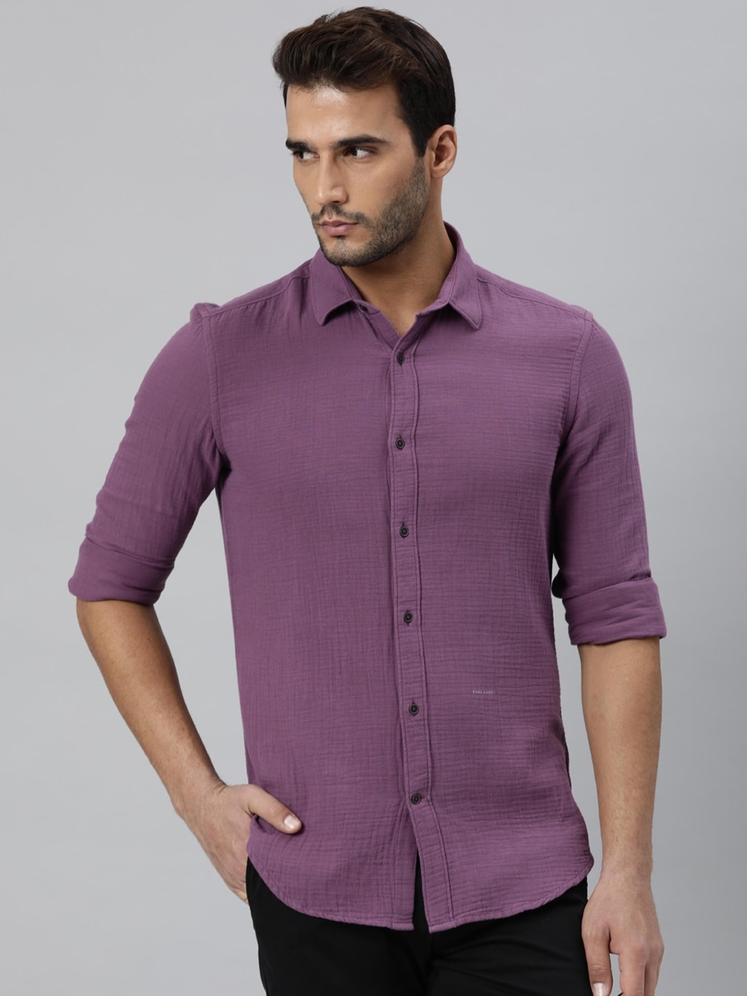

RARE RABBIT Men Layerr Slim Fit Opaque Cotton Shirt, Purple