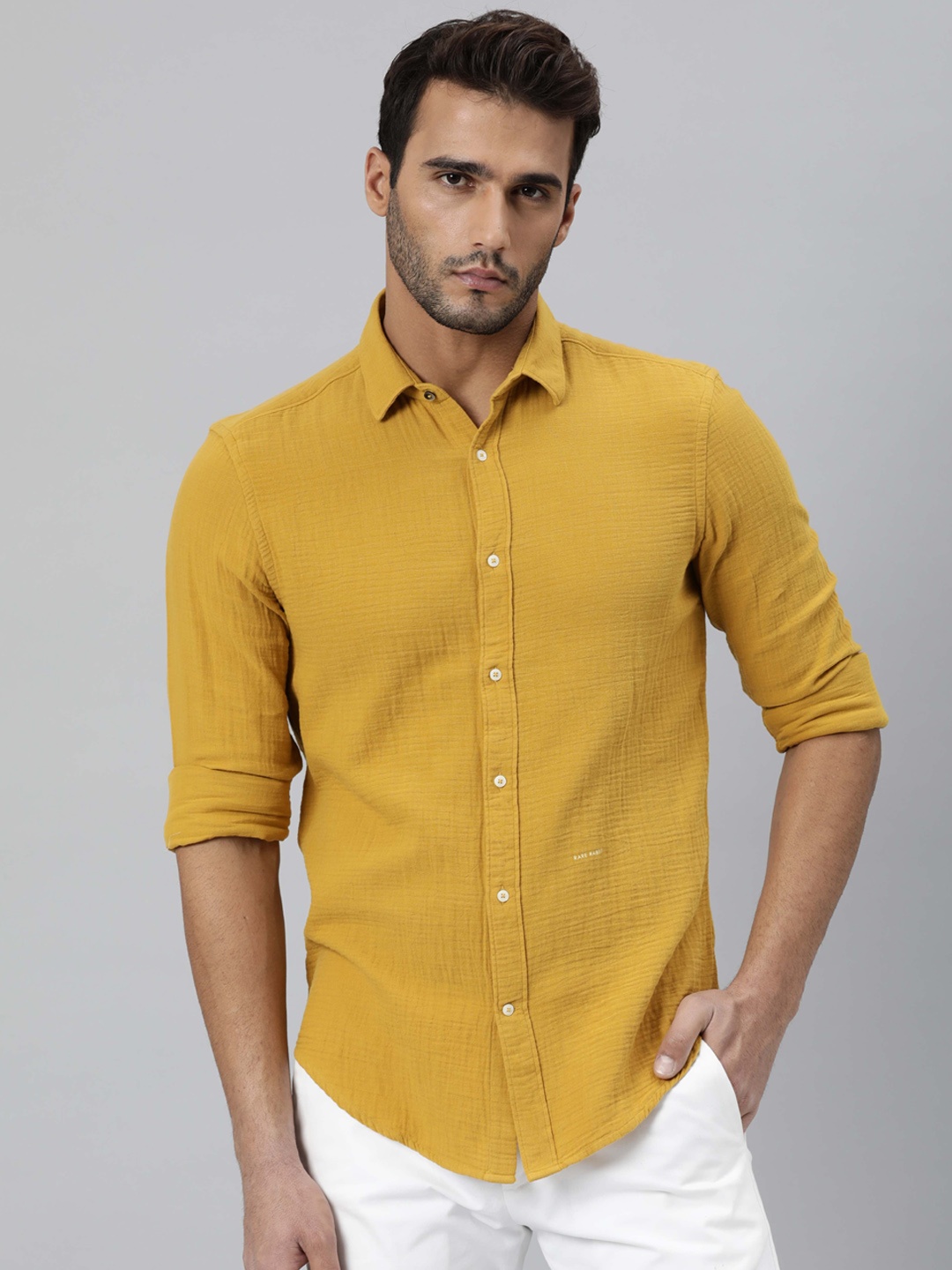 

RARE RABBIT Men Mustard Slim Fit Opaque Cotton Casual Shirt