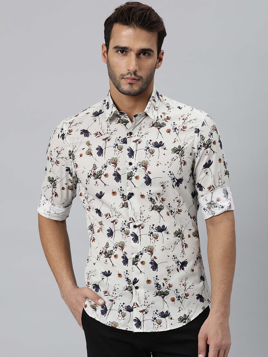 

RARE RABBIT Men Amahra Slim Fit Opaque Floral Printed Cotton Shirt, Beige