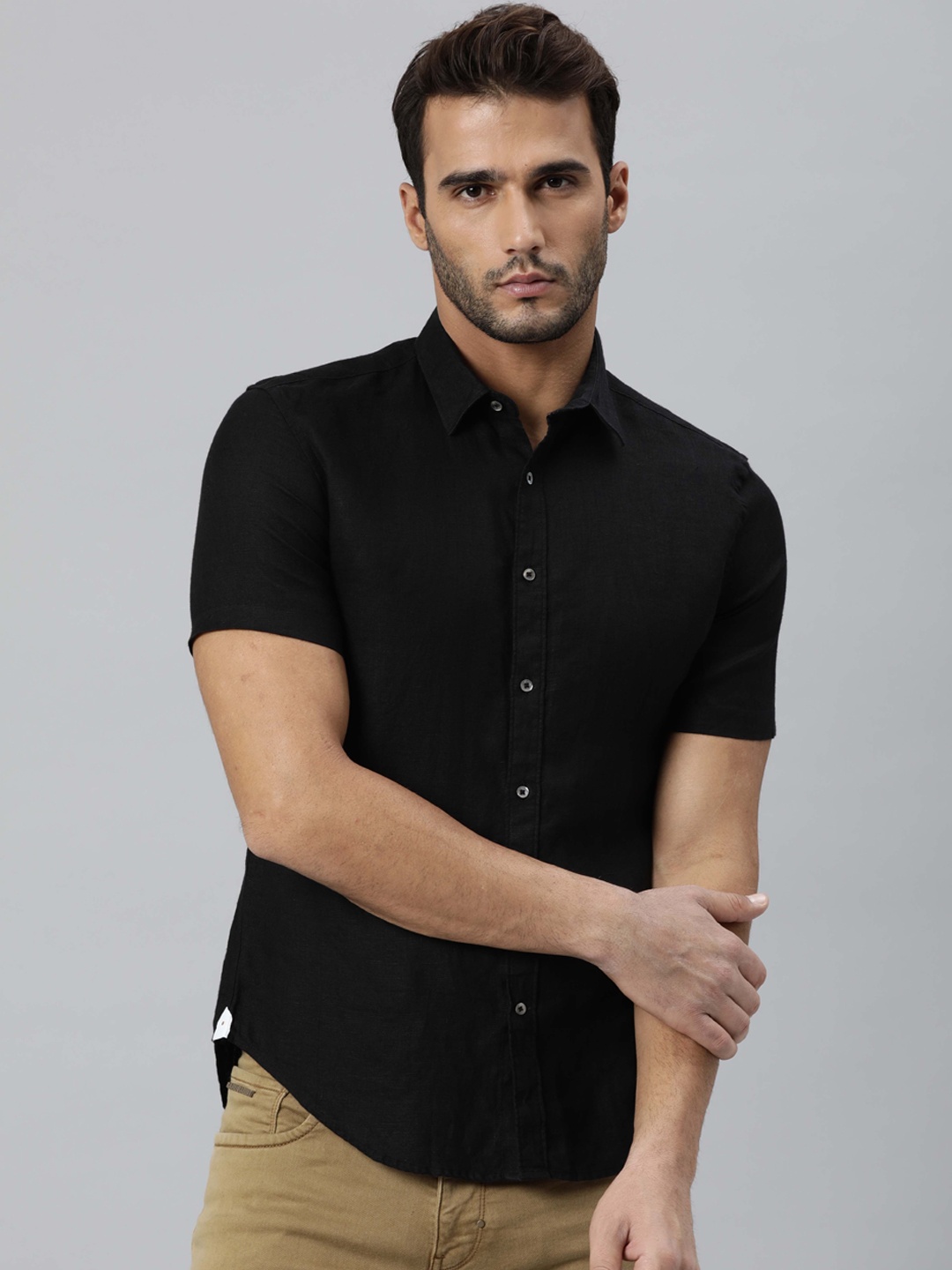 

RARE RABBIT Men Expro Slim Fit Opaque Linen Shirt, Black