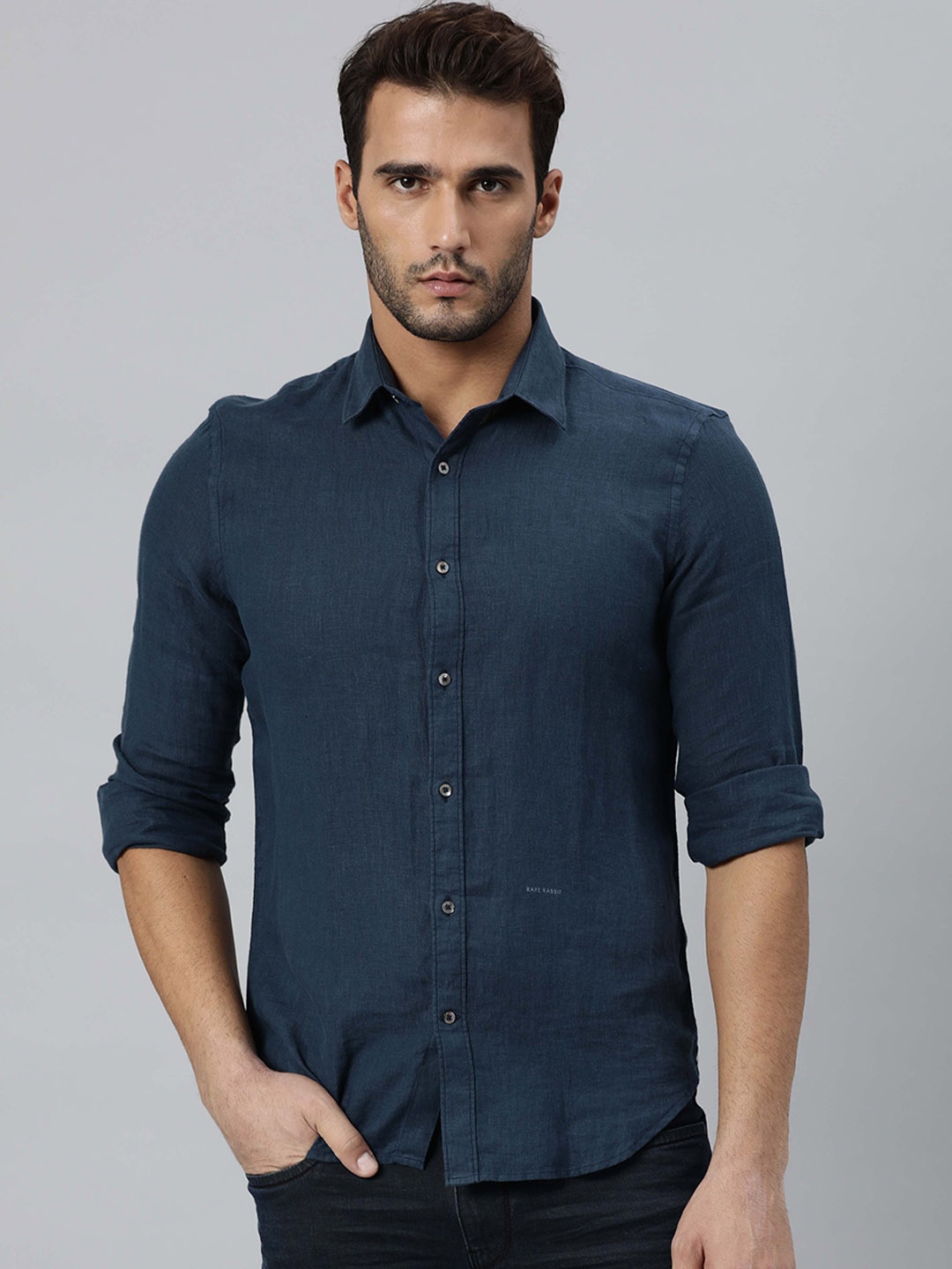 

RARE RABBIT Men Navy Blue Slim Fit Opaque Linen Casual Shirt