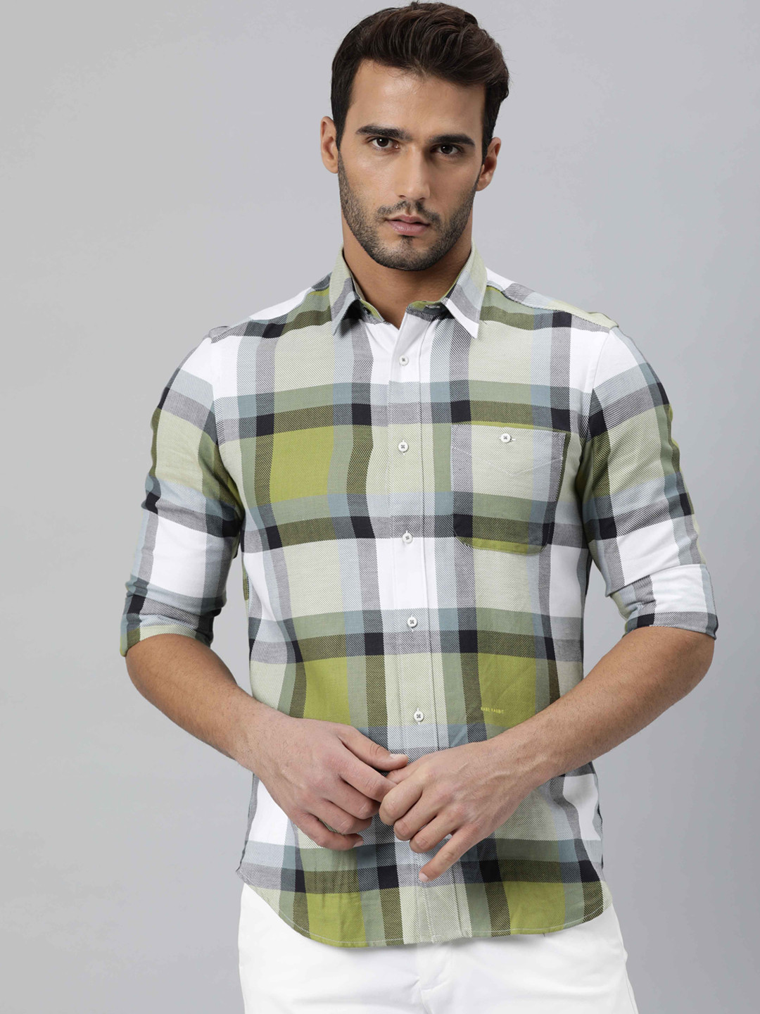 

RARE RABBIT Men Green & White Slim Fit Opaque Tartan Checked Cotton Casual Shirt