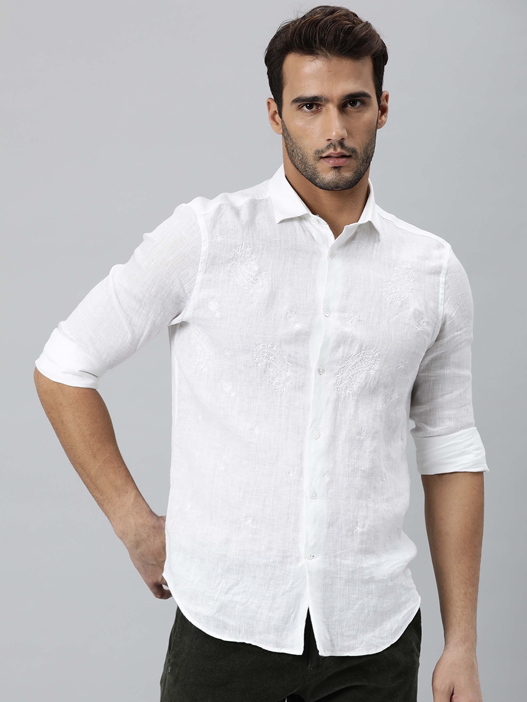 

RARE RABBIT Men White Slim Fit Opaque Linen Casual Shirt