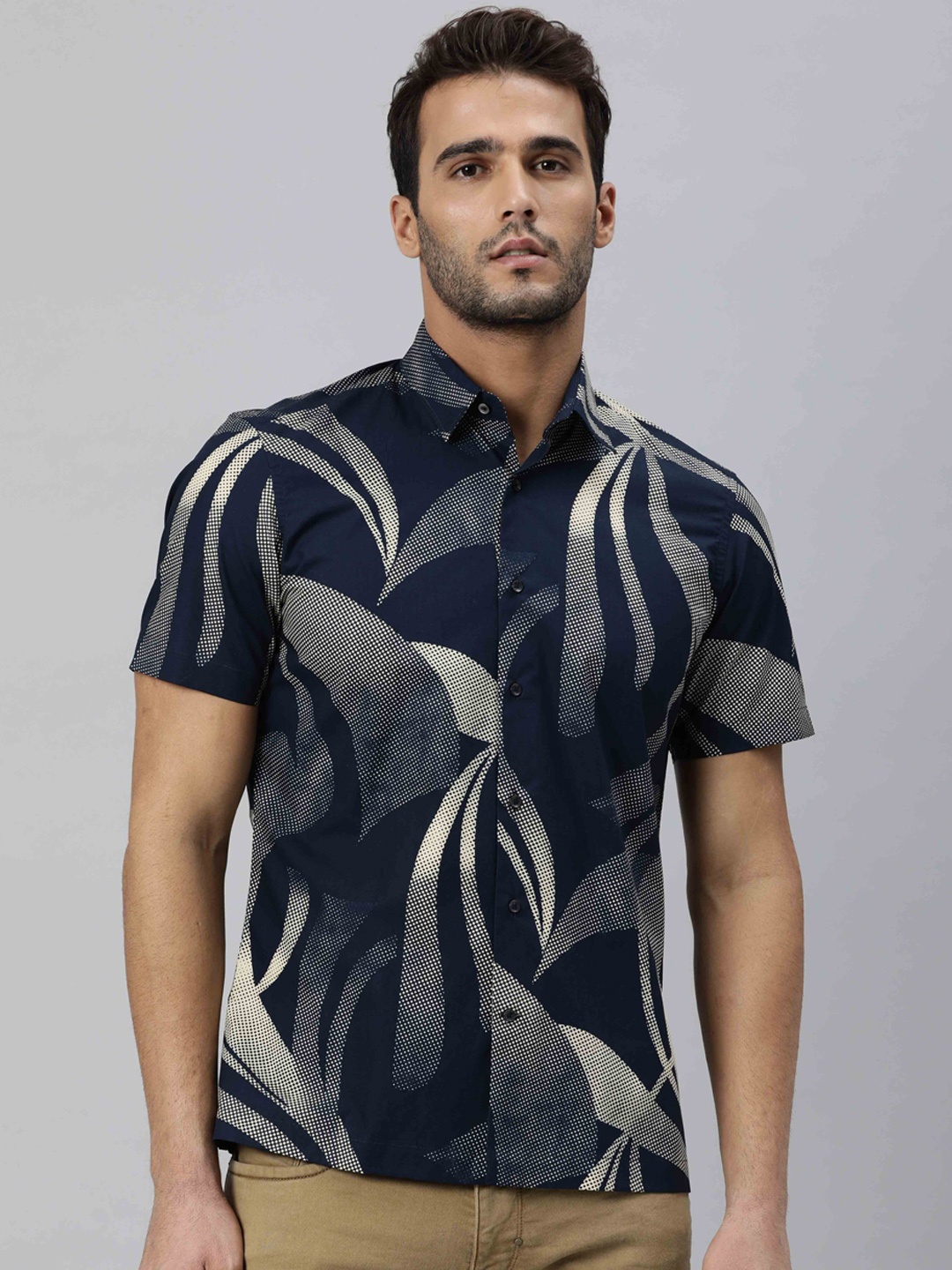 

RARE RABBIT Men Brony Slim Fit Opaque Abstract Printed Cotton Shirt, Navy blue