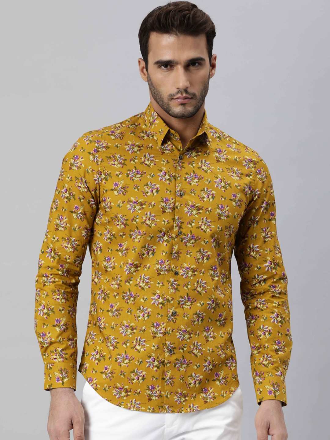 

RARE RABBIT Men Cersei Slim Fit Opaque Floral Printed Cotton Shirt, Mustard