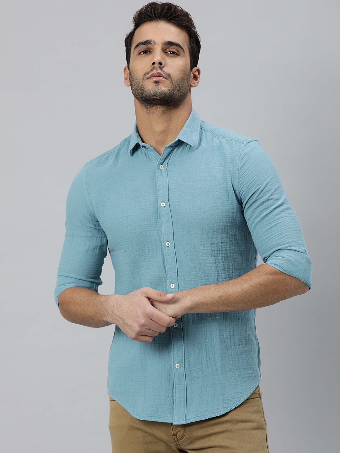 

RARE RABBIT Men Blue Slim Fit Opaque Cotton Casual Shirt