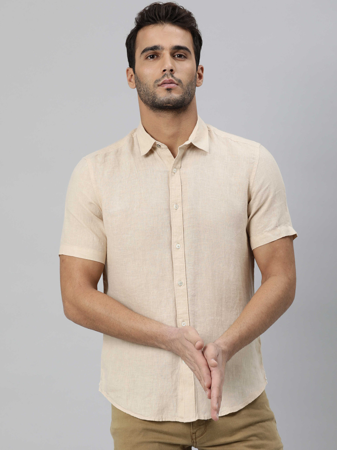 

RARE RABBIT Men Beige Slim Fit Opaque Linen Casual Shirt