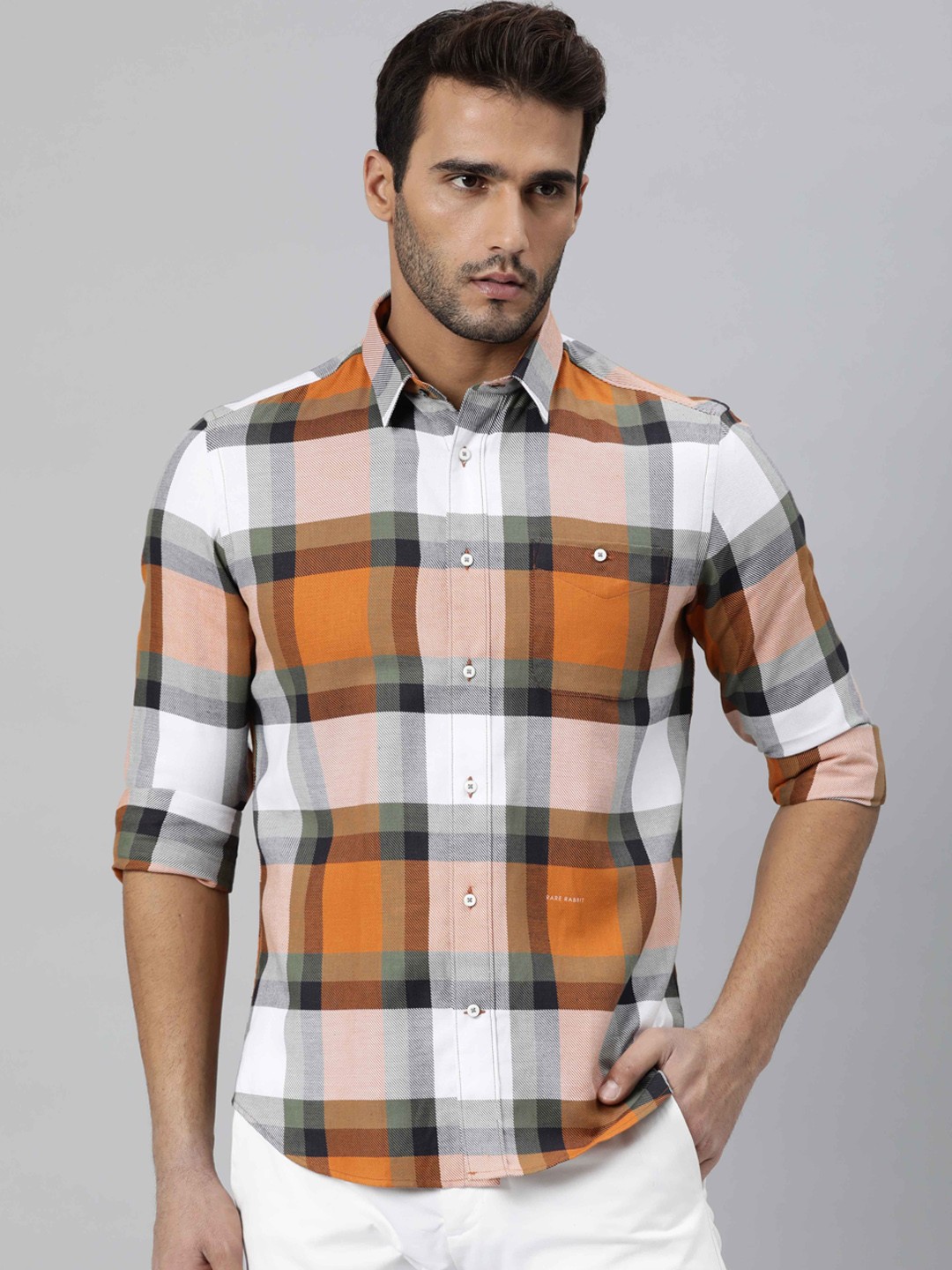 

RARE RABBIT Men Rust & White Slim Fit Opaque Tartan Checked Cotton Casual Shirt