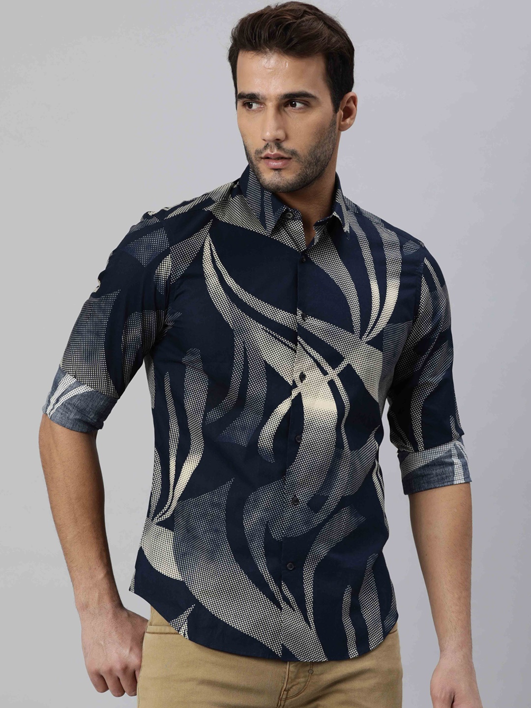 

RARE RABBIT Men Bronn Slim Fit Opaque Abstract Printed Cotton Shirt, Navy blue