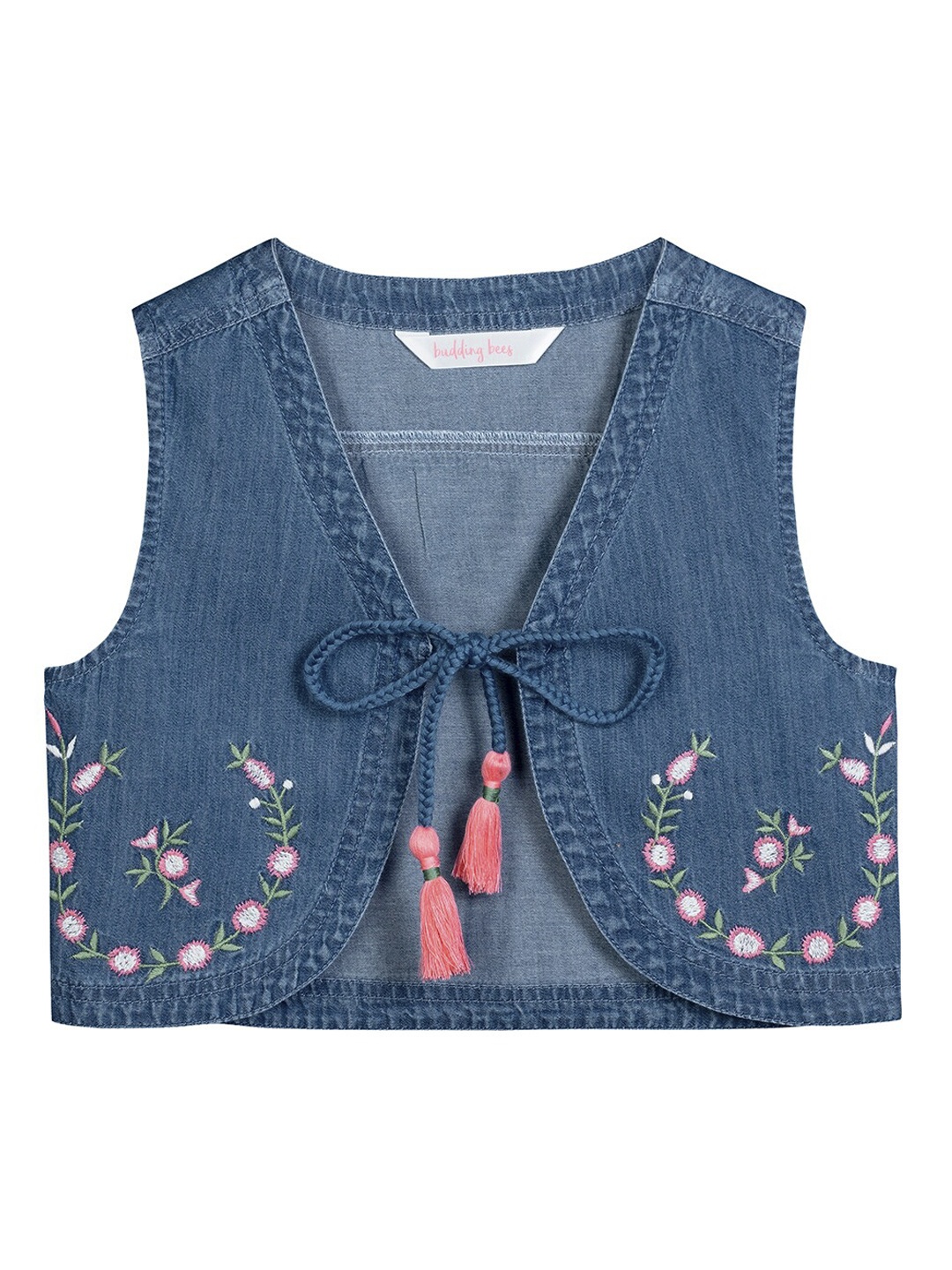 

Budding Bees Girls Blue & Pink Embroidered Lightweight Crop Denim Jacket