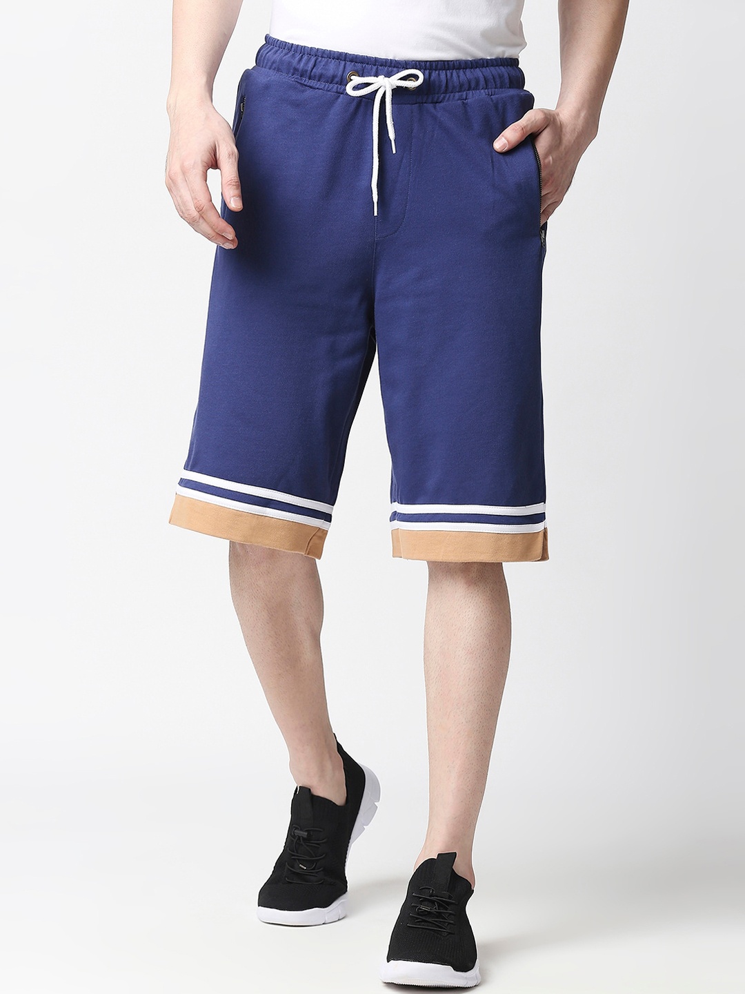 

Bewakoof Men Blue & Mustard Yellow Cotton Varsity Regular Shorts