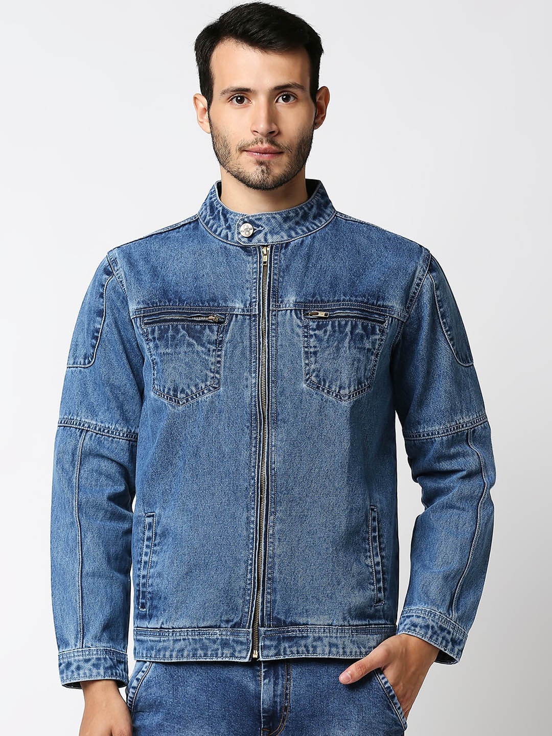 

High Star Men Blue Washed Denim Jacket with Patchwork