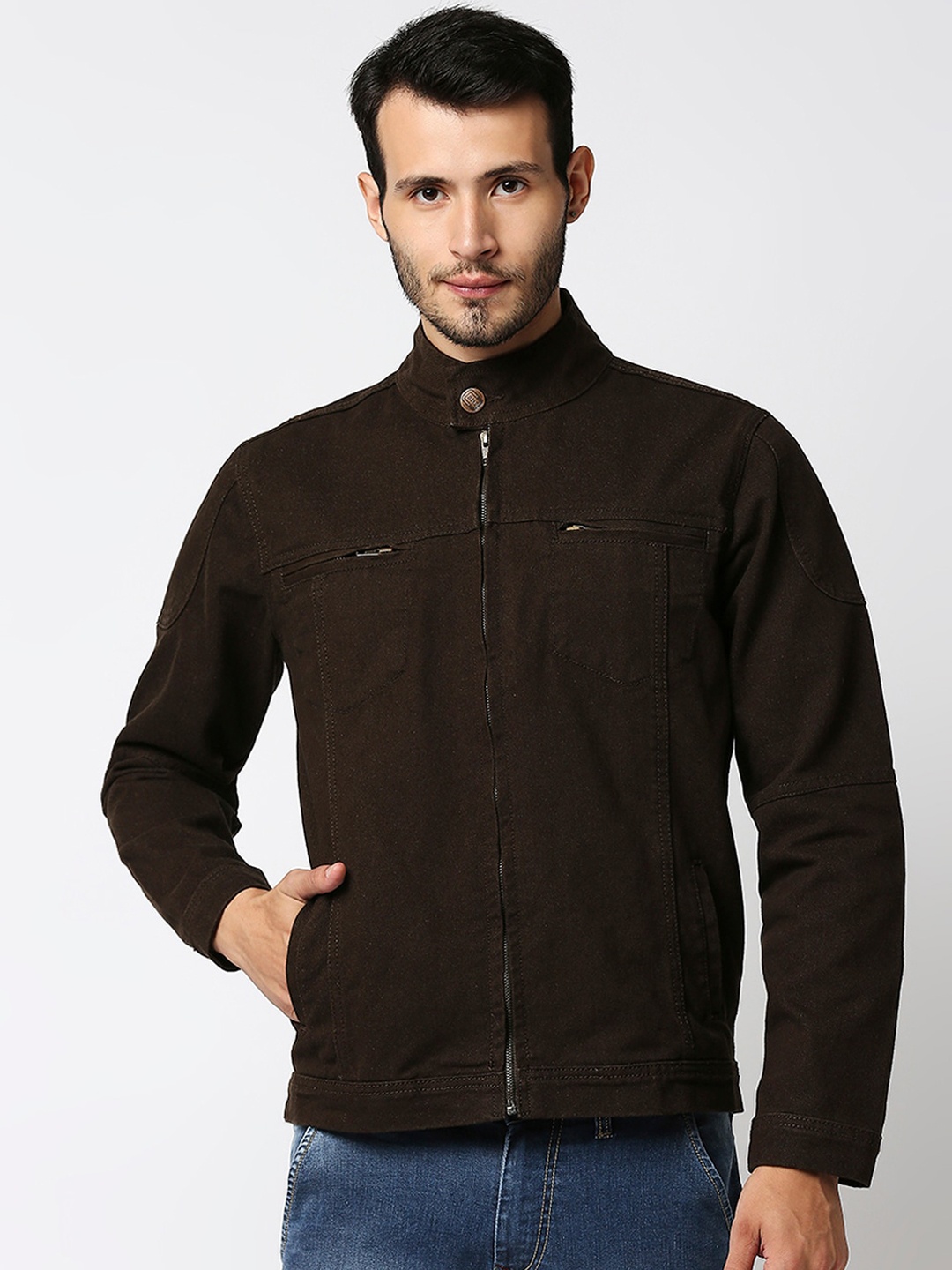 

High Star Men Brown Denim Jacket with Patchwork