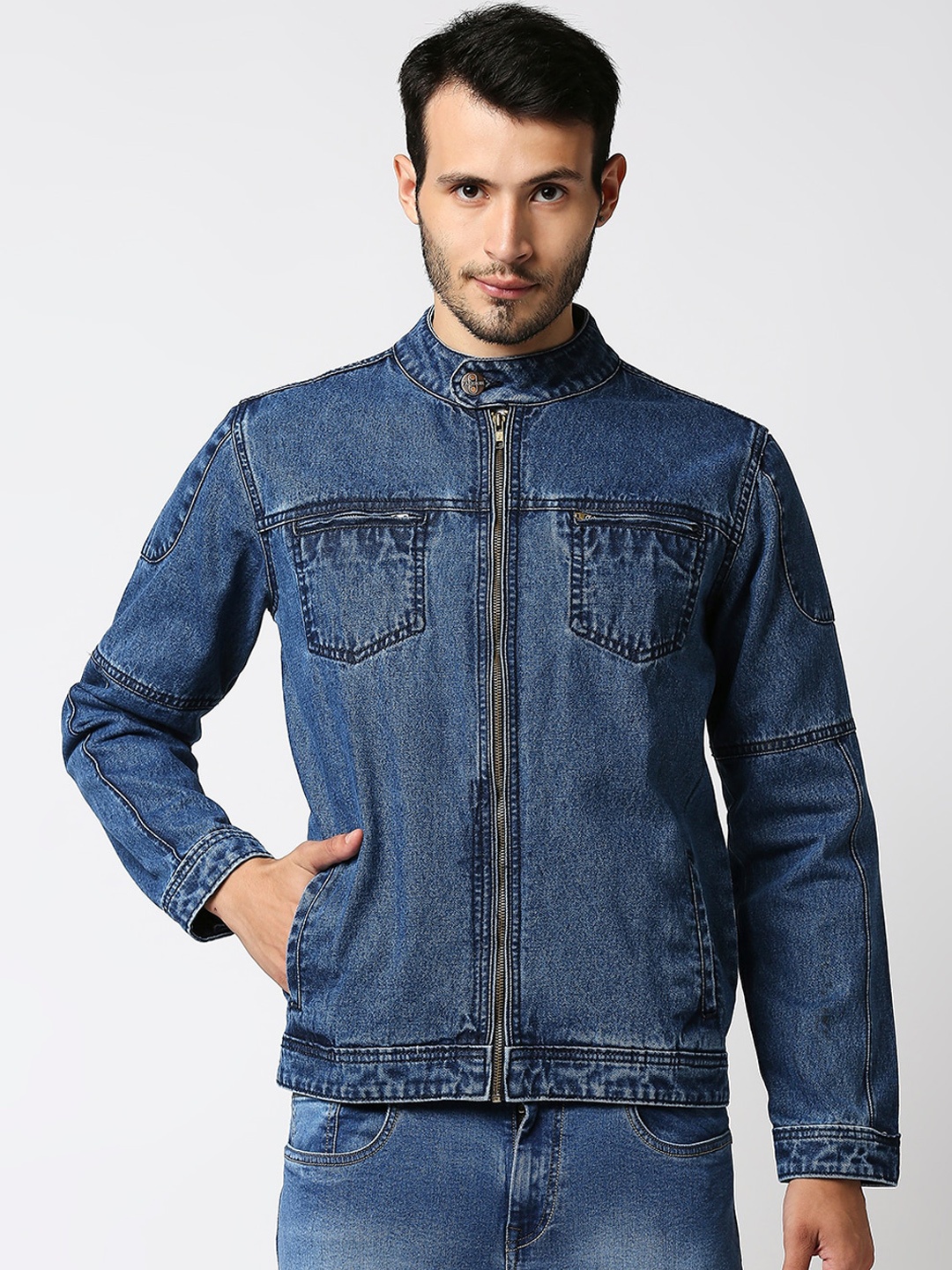 

High Star Men Blue Washed Denim Jacket with Patchwork