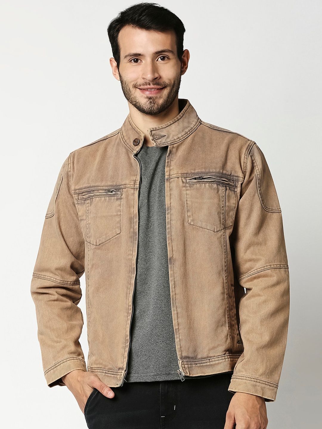 

High Star Men Brown Washed Denim Jacket
