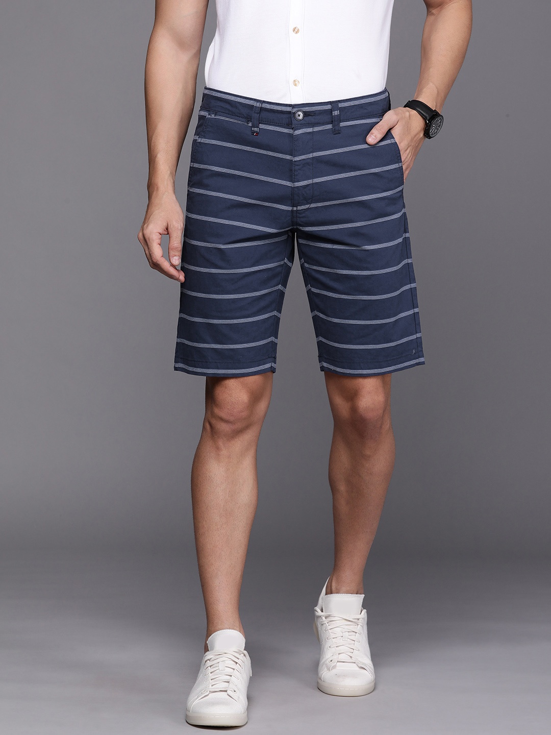 

Louis Philippe Sport Men Navy Blue Striped Slim Fit Regular Shorts