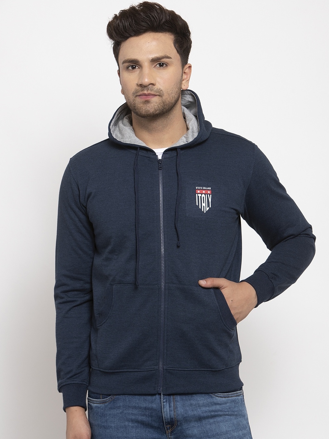 

Cantabil Men Navy Blue Hooded Front-Open Sweatshirt