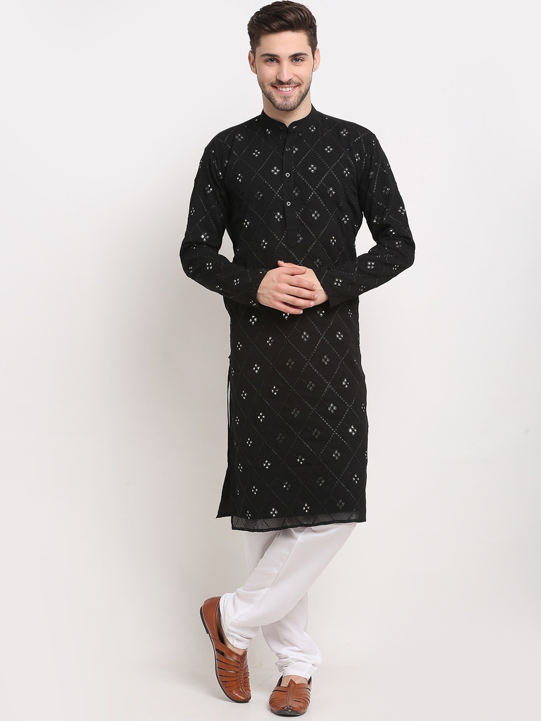 

Jompers Men Black Angrakha Kurta with Salwar