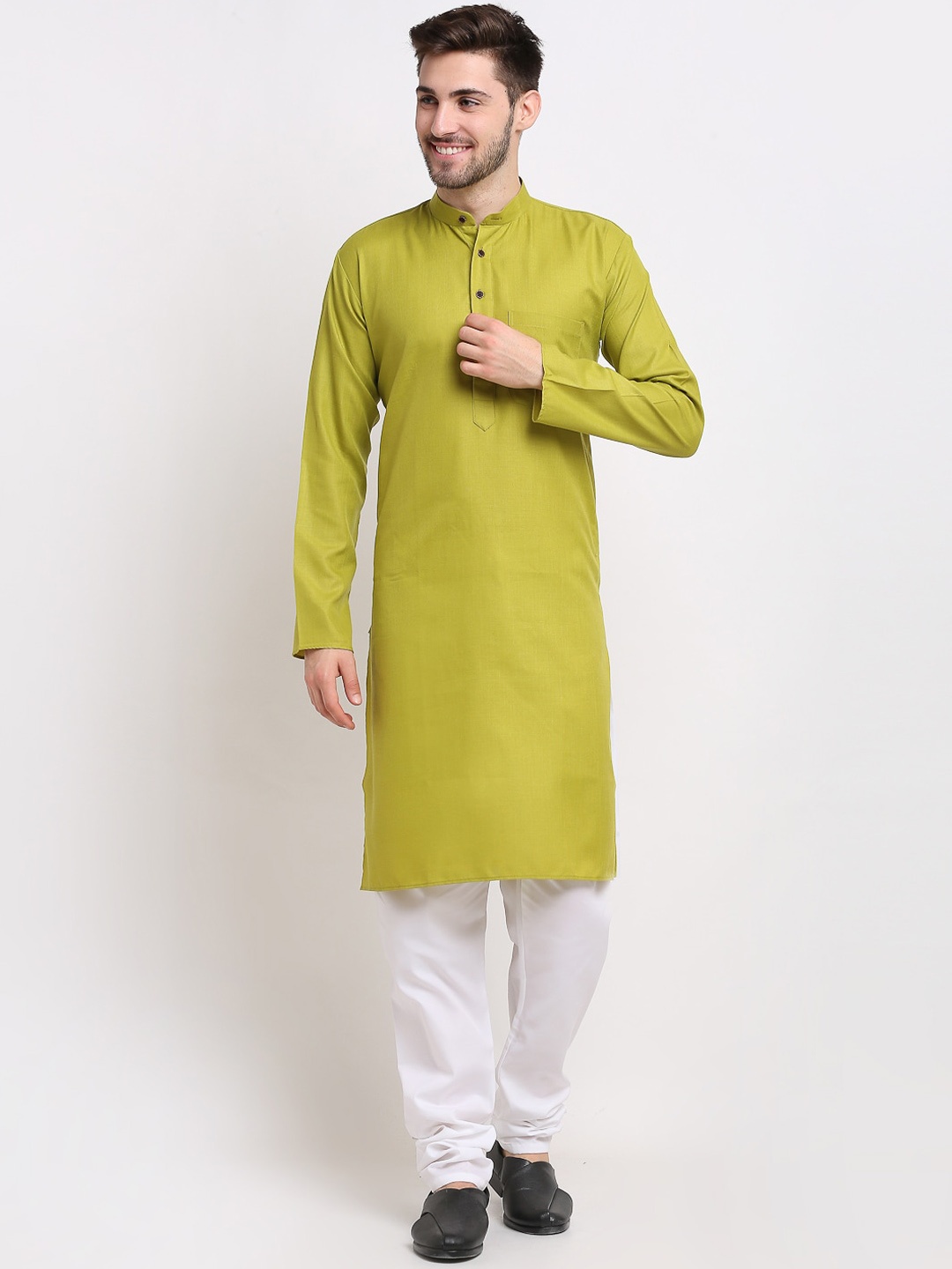 

Jompers Men Olive Green Pleated Pure Cotton Kurta with Pyjamas