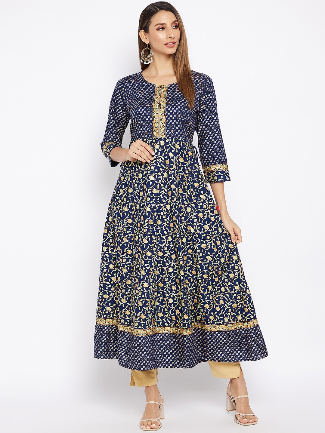 

Prakhya Women Blue & Gold-Toned Floral Printed Anarkali Kurta