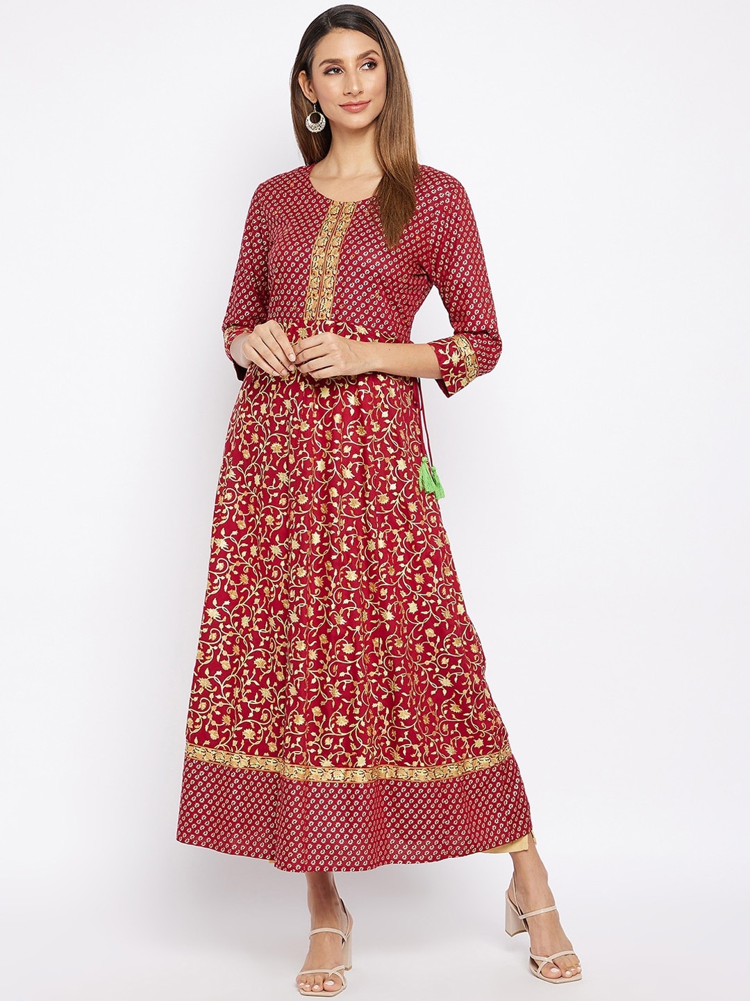 

Prakhya Women Red & Gold-Toned Floral Printed Sequins Anarkali Kurta