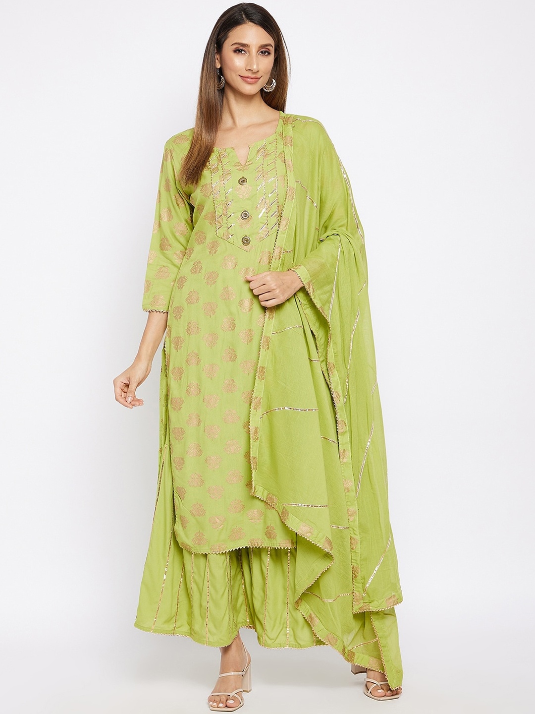 

Prakhya Women Green & Gold-toned Printed Regular Kurta with Sharara & Dupatta