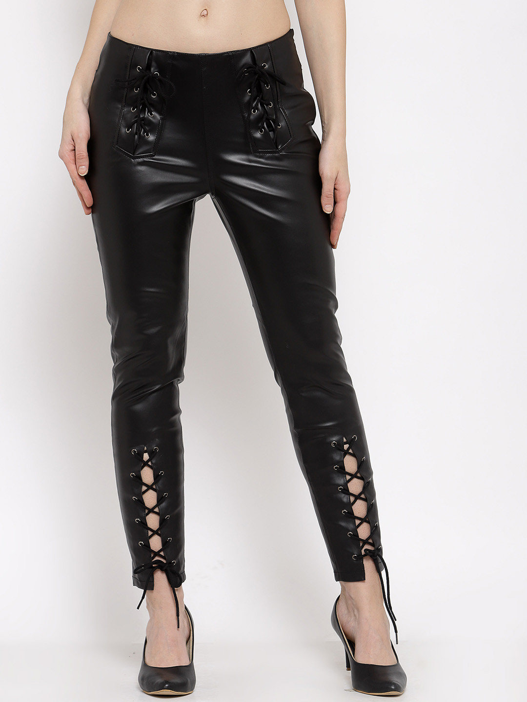 

BEAVER Women Black Synthetic Leather Skinny Fit Trousers