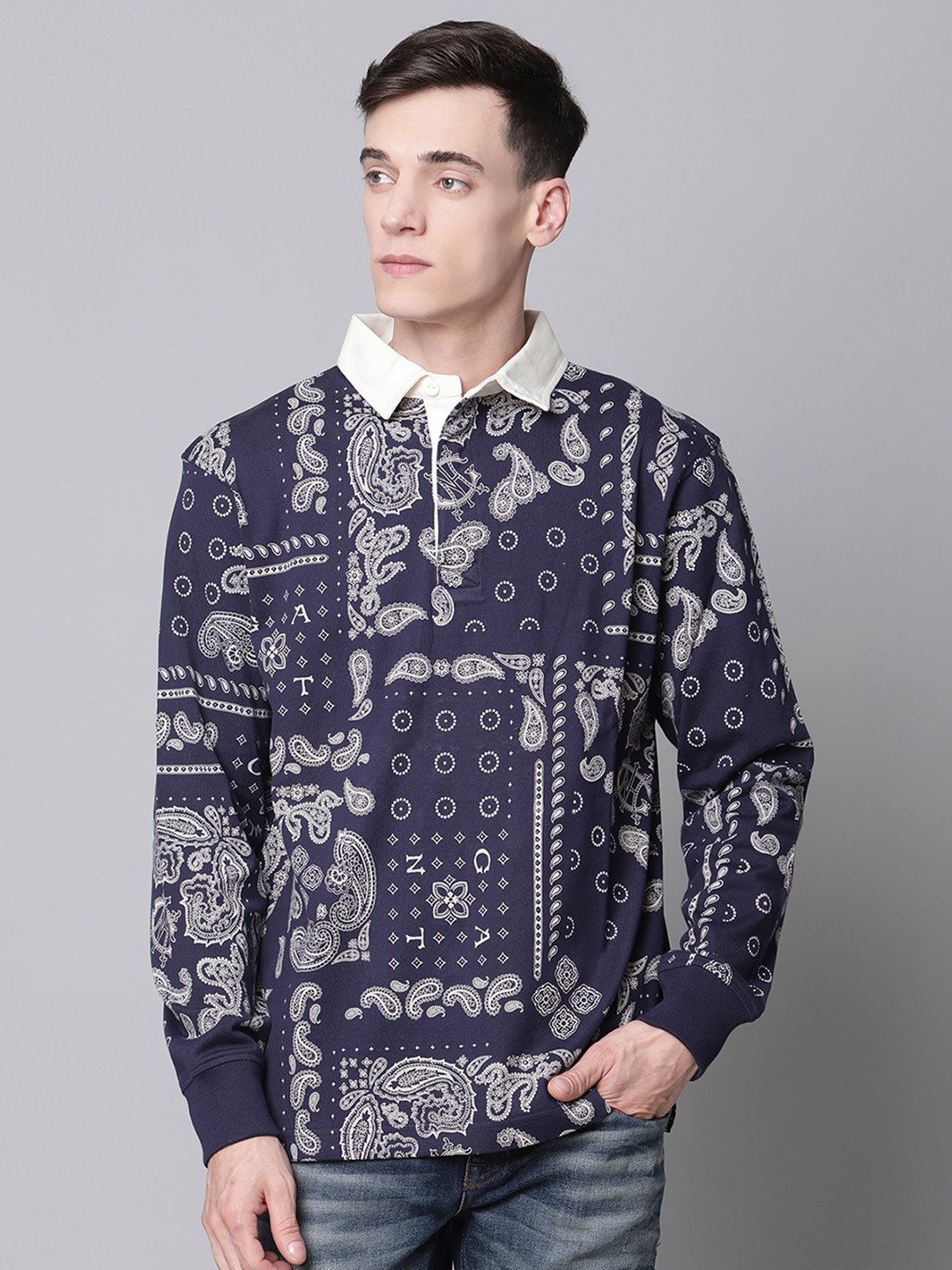 

GANT Men Navy Blue & Cream-Coloured Printed Polo Collar T-shirt