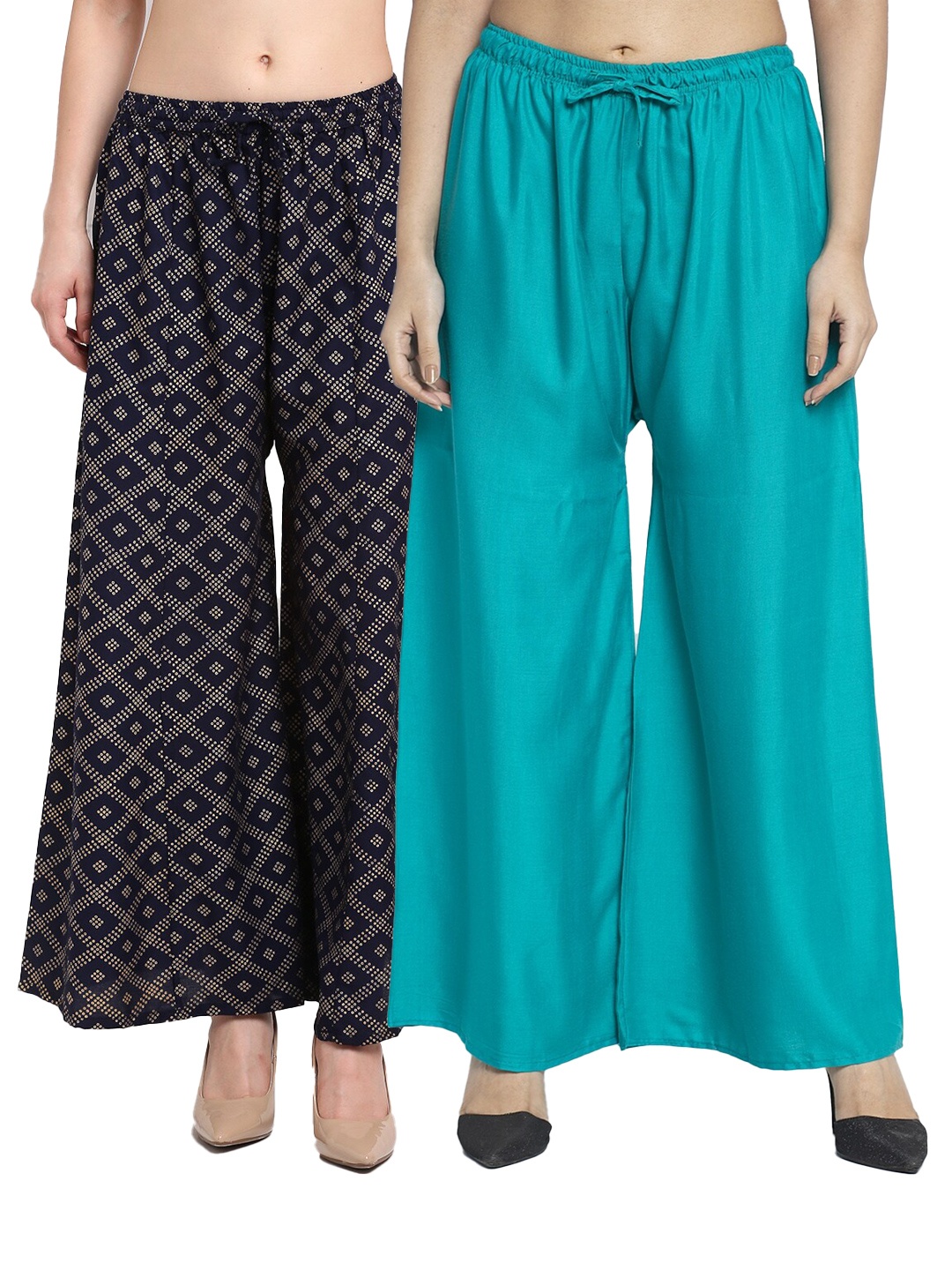 

GRACIT Women Pack Of 2 Sea Green & Navy Blue Printed Flared Knitted Ethnic Palazzos