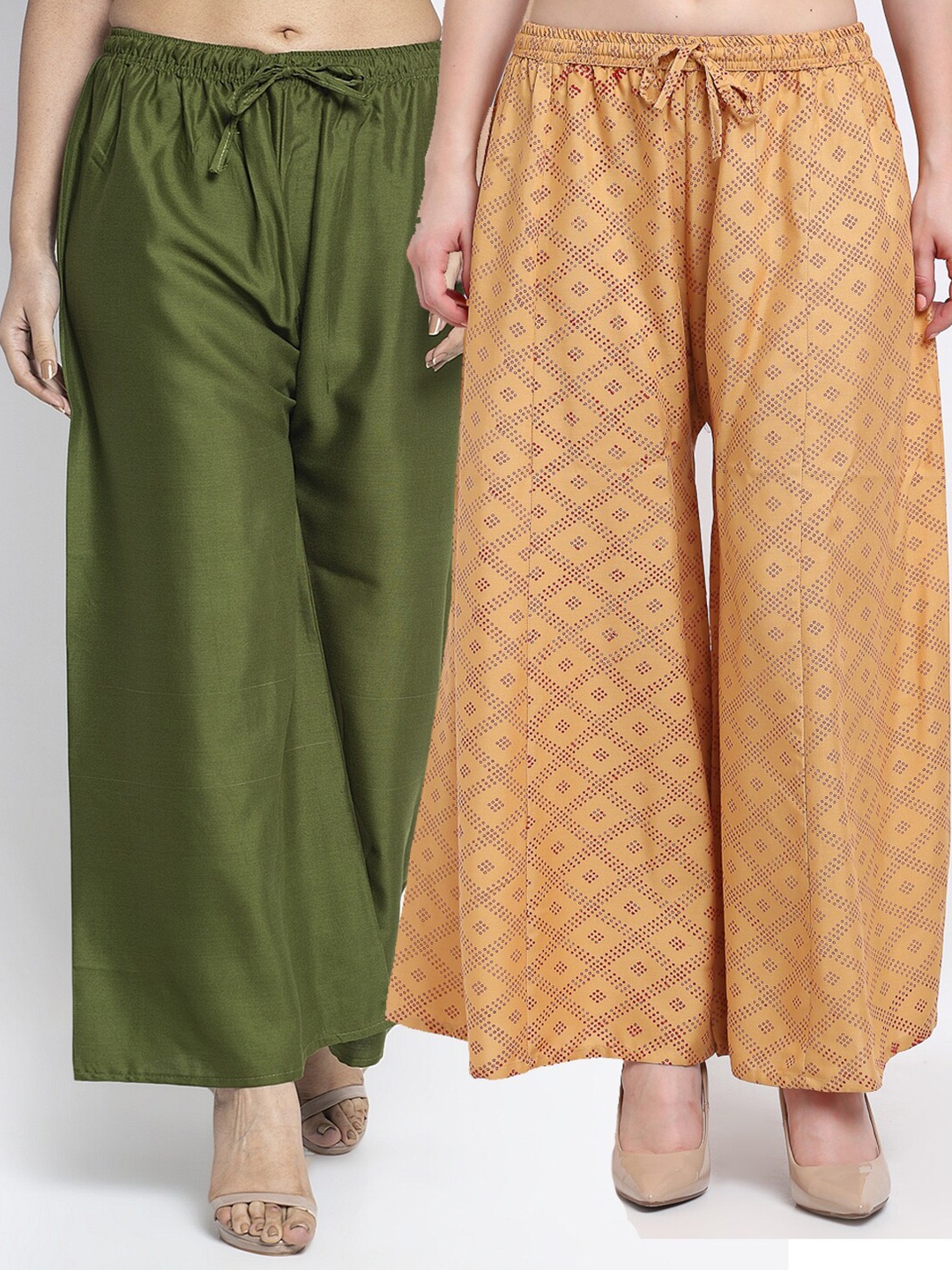 

GRACIT Women Pack of 2 Green & Beige Printed Flared Ethnic Palazzos