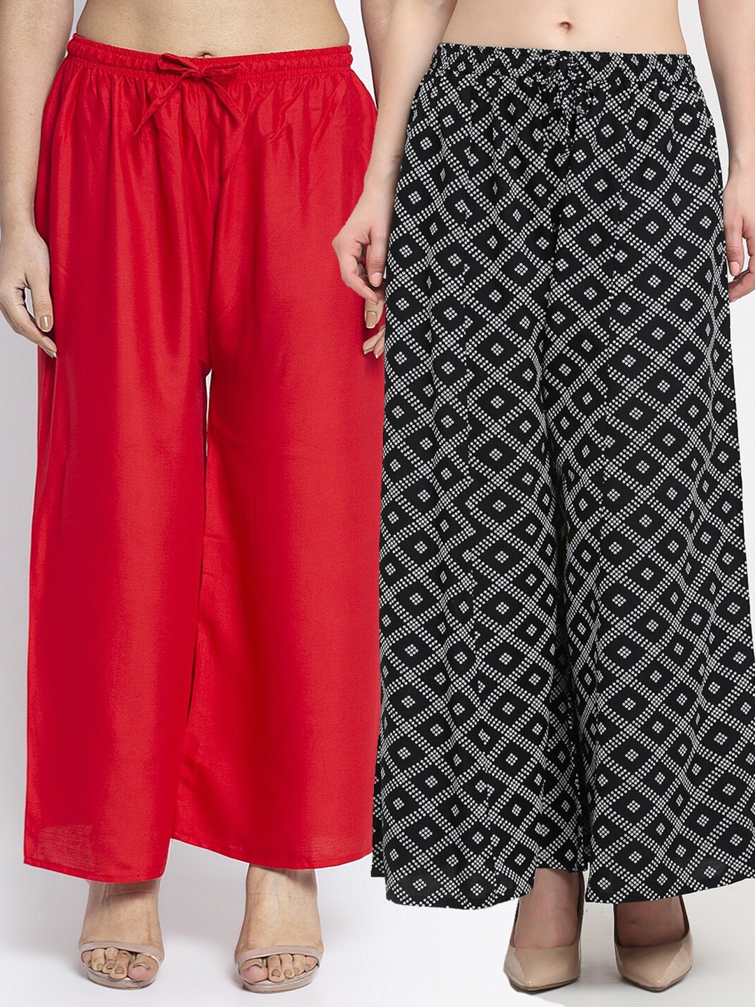 

GRACIT Women Pack of 2 Printed Flared Knitted Ethnic Palazzos, Red