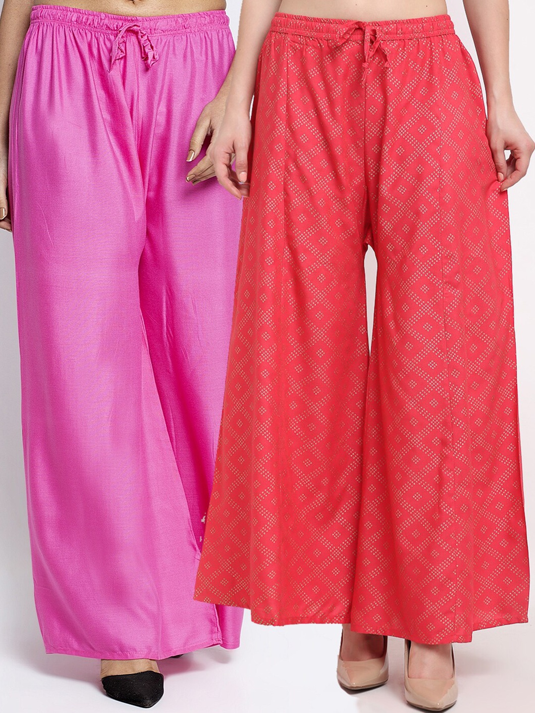 

GRACIT Pack Of 2 Pink & Orange Printed Flared Palazzos