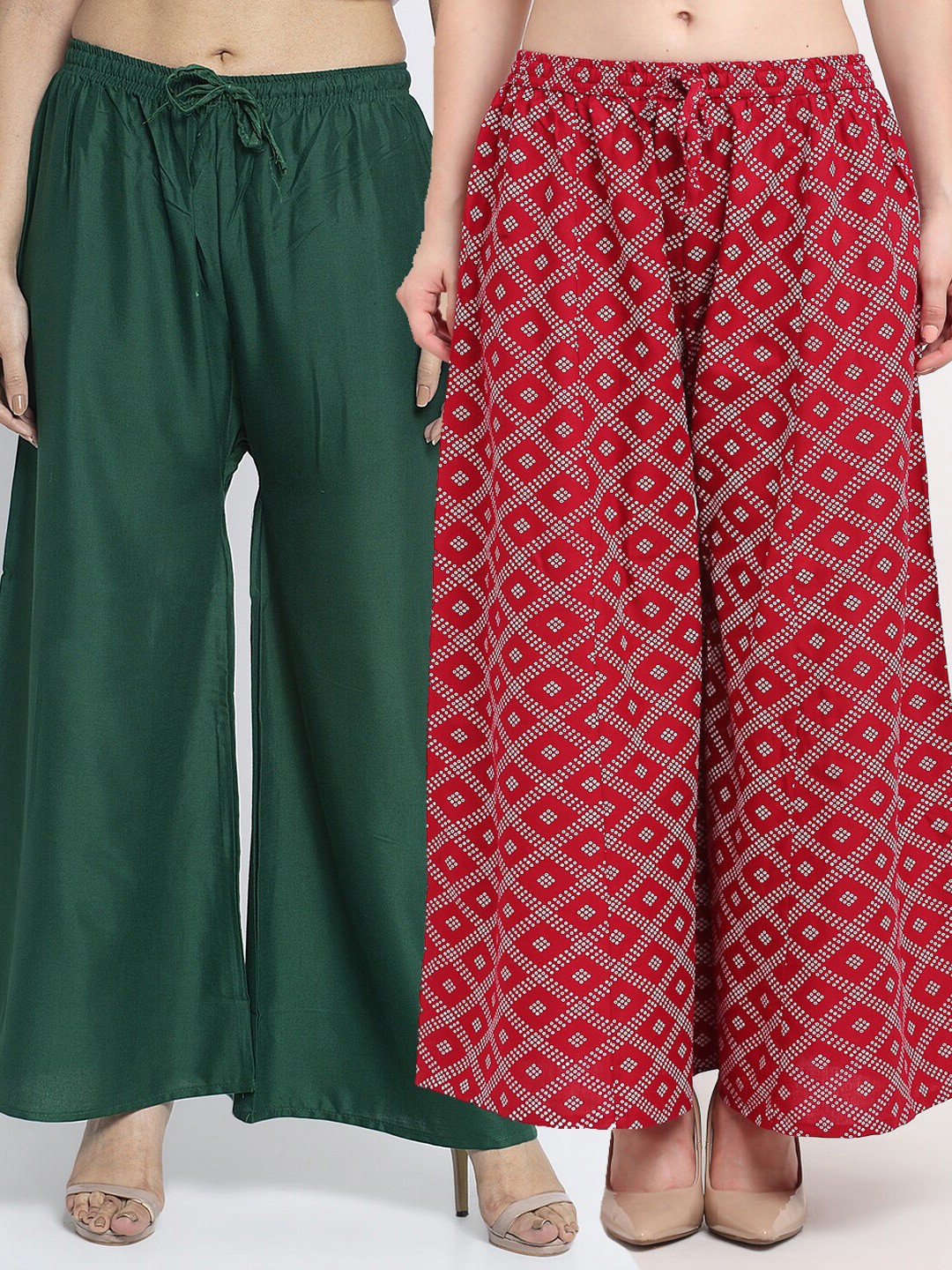 

GRACIT Women Set Of 2 Green & Maroon Printed Flared Knitted Ethnic Palazzos