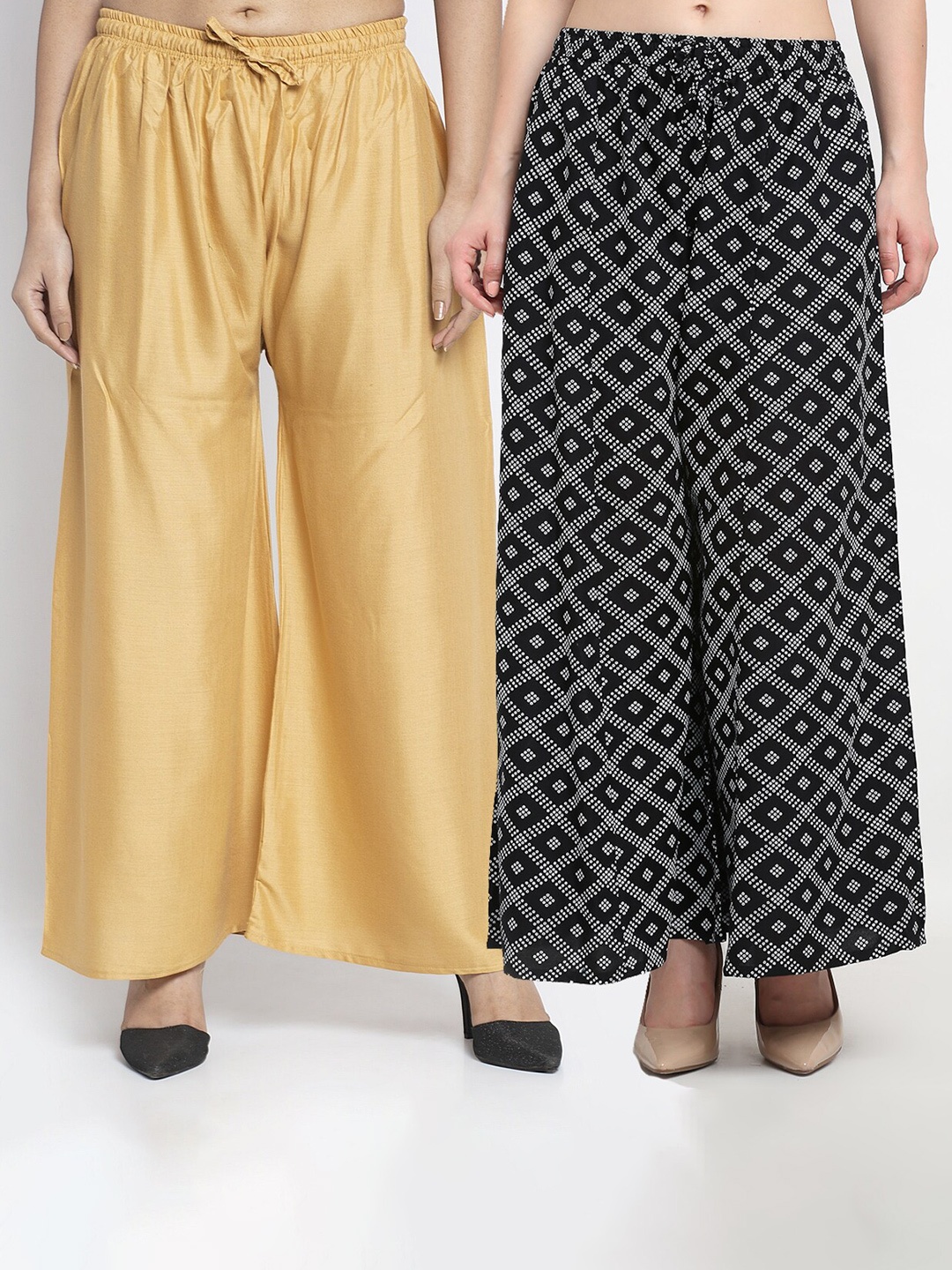 

GRACIT Women Beige & Black 2 Printed Flared Knitted Ethnic Palazzos