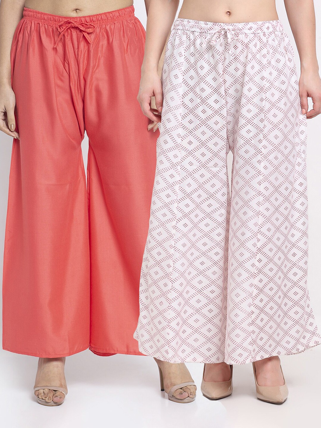 

GRACIT Women Set Of 2 Orange & White Printed Flared Knitted Ethnic Palazzos