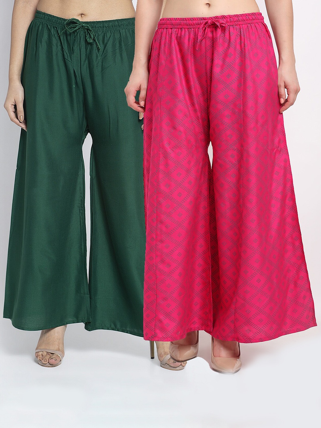 

GRACIT Women Pack of 2 Green & Pink 2 Printed Wide Leg Palazzos