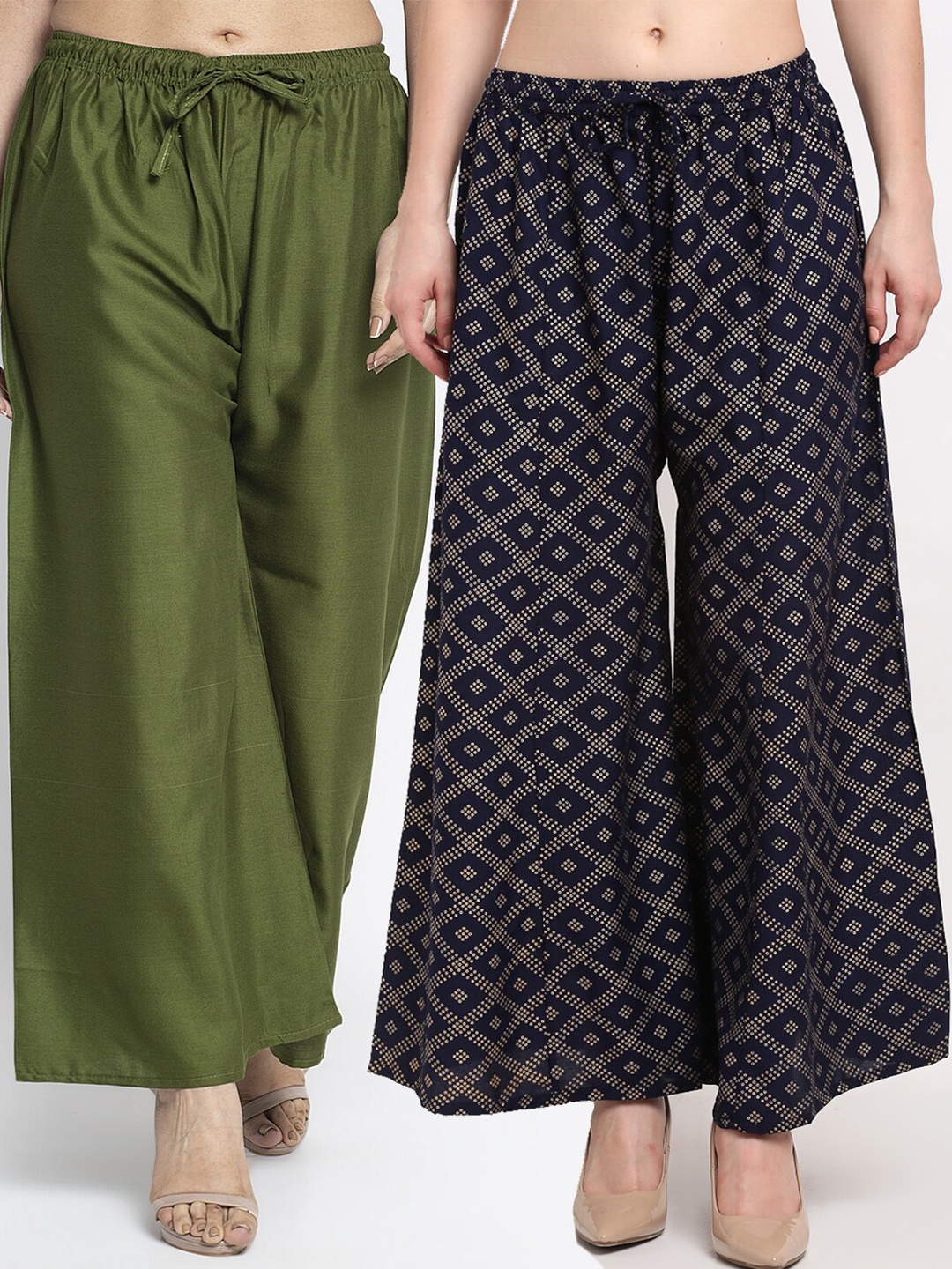 

GRACIT Set Of 2 Women Green & Black 2 Knitted Ethnic Palazzos