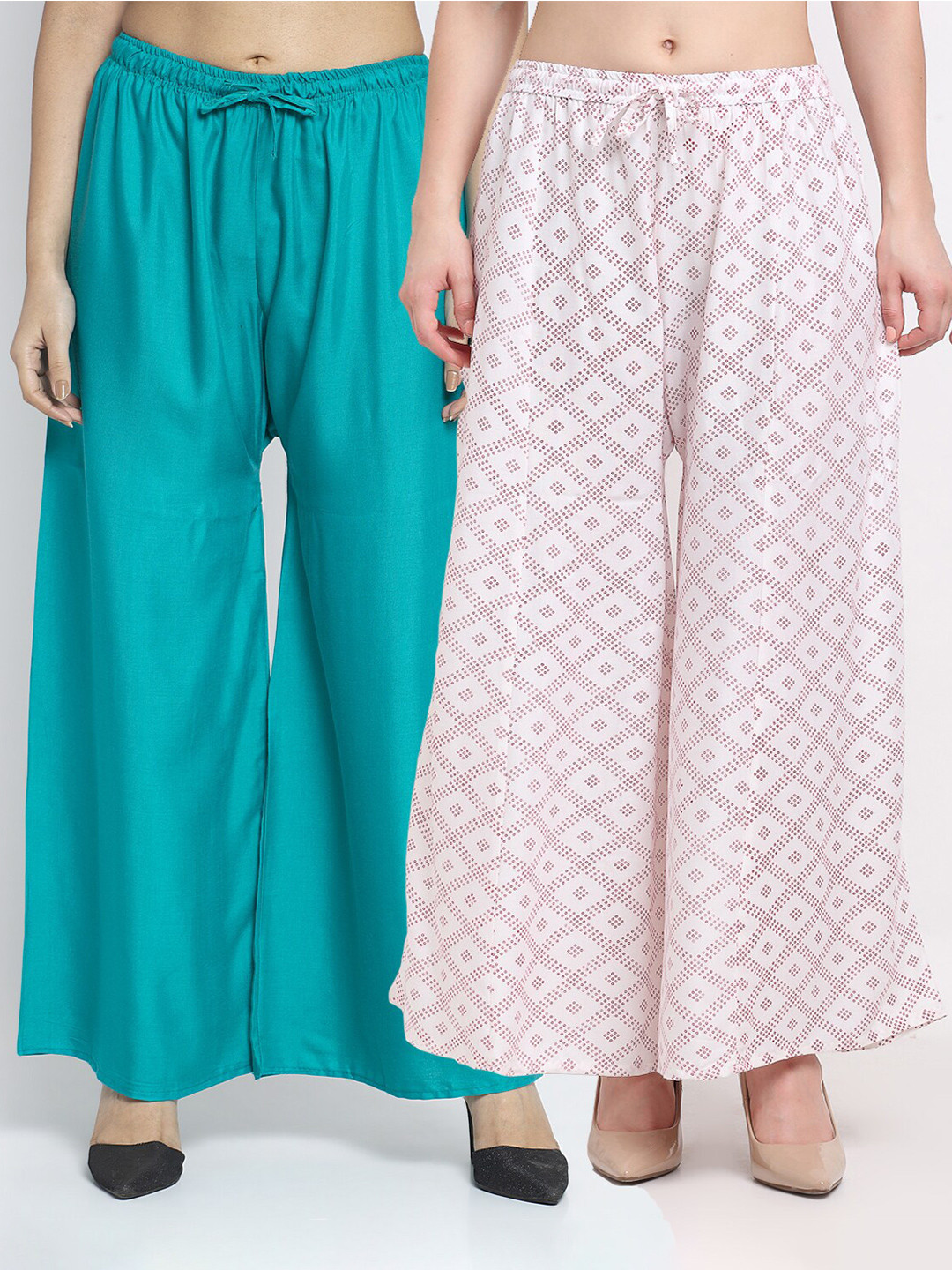 

GRACIT Women Set of 2 Sea Green & Off White Printed Wide Leg Palazzos