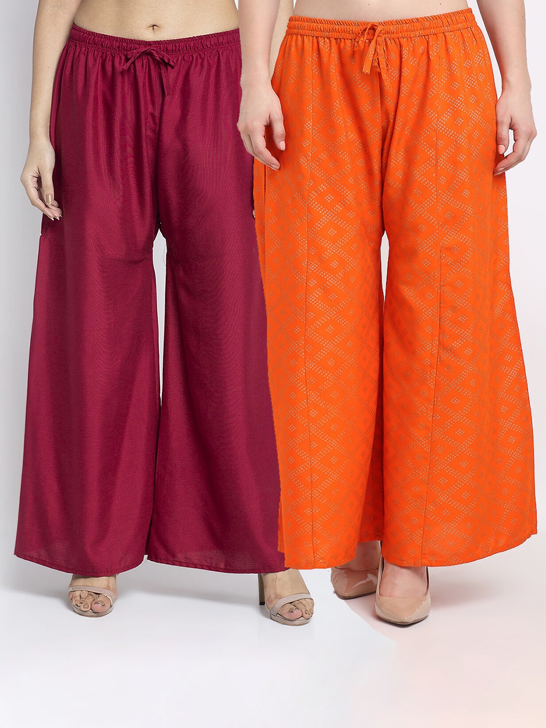 

GRACIT Women Pack Of 2 Maroon & Orange Printed Flared Knitted Ethnic Palazzos
