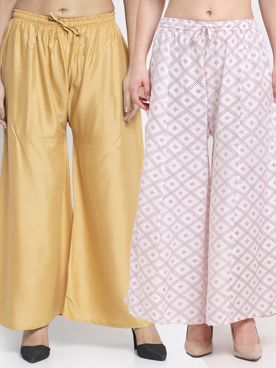 

GRACIT Women Pack Of 2 Beige & White Printed Knitted Ethnic Palazzos