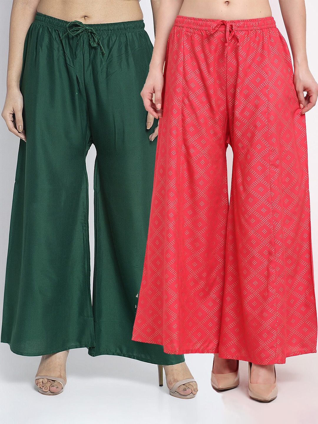 

GRACIT Women Pack Of 2 Green & Pink Printed Flared Knitted Ethnic Palazzos