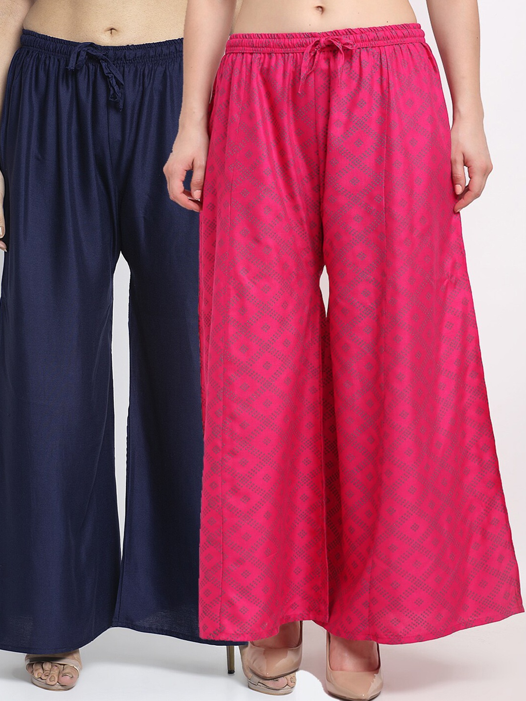 

GRACIT Women Pack of 2 Navy Blue & Pink Block Printed Ethnic Palazzos