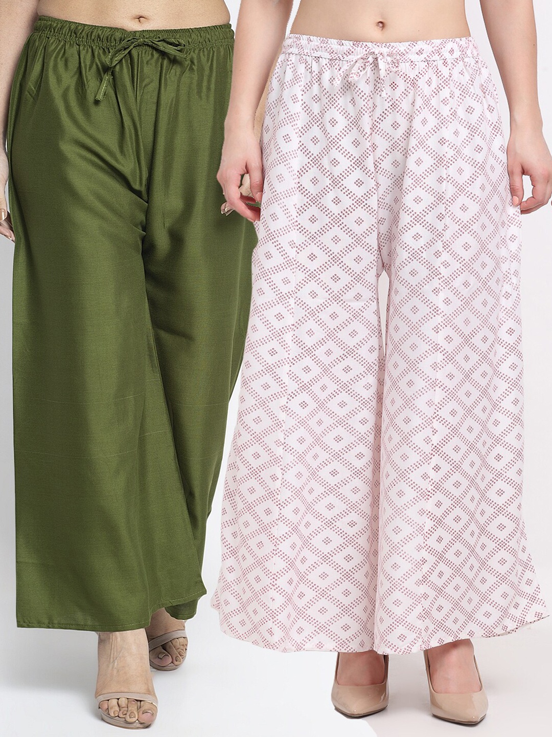 

GRACIT Women Pack of 2 Green & White Printed Flared Ethnic Palazzos