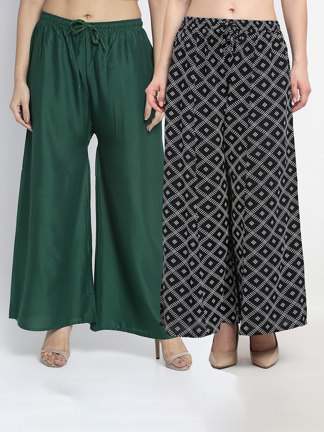 

GRACIT Women Pack Of 2 Green & Black Block Printed Wide Leg Palazzos
