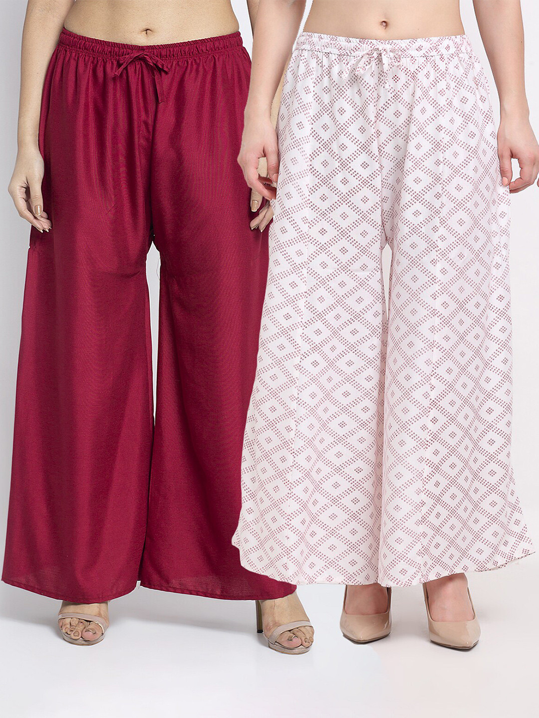 

GRACIT Women Set of 2 Burgundy & White Printed Wide Leg Knitted Palazzos