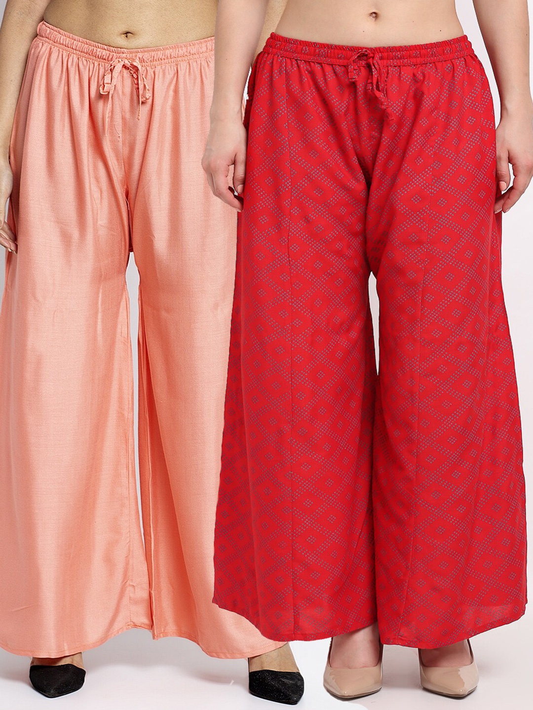 

GRACIT Women Pack Of 2 Peach-Coloured & Red Printed Flared Knitted Ethnic Palazzos