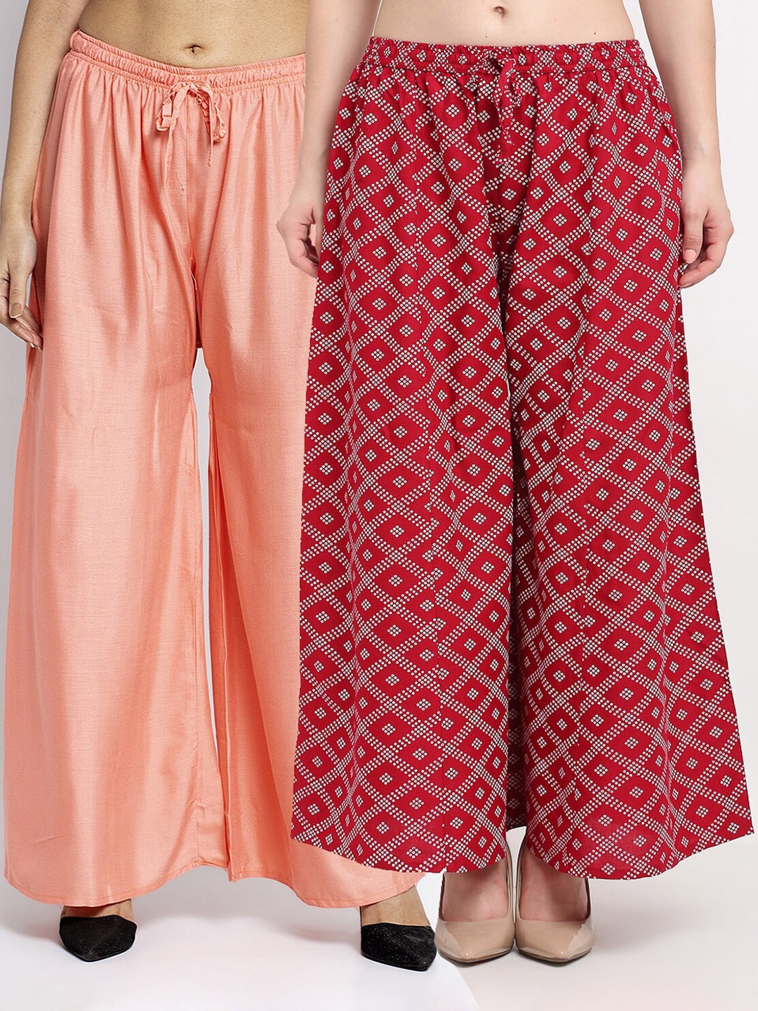 

GRACIT Women Pack Of 2 Peach-Coloured & Red Printed Flared Knitted Ethnic Palazzos