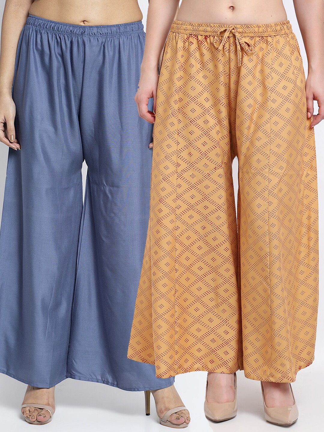 

GRACIT Women Pack Of 2 Grey & Beige Printed Flared Knitted Ethnic Palazzos