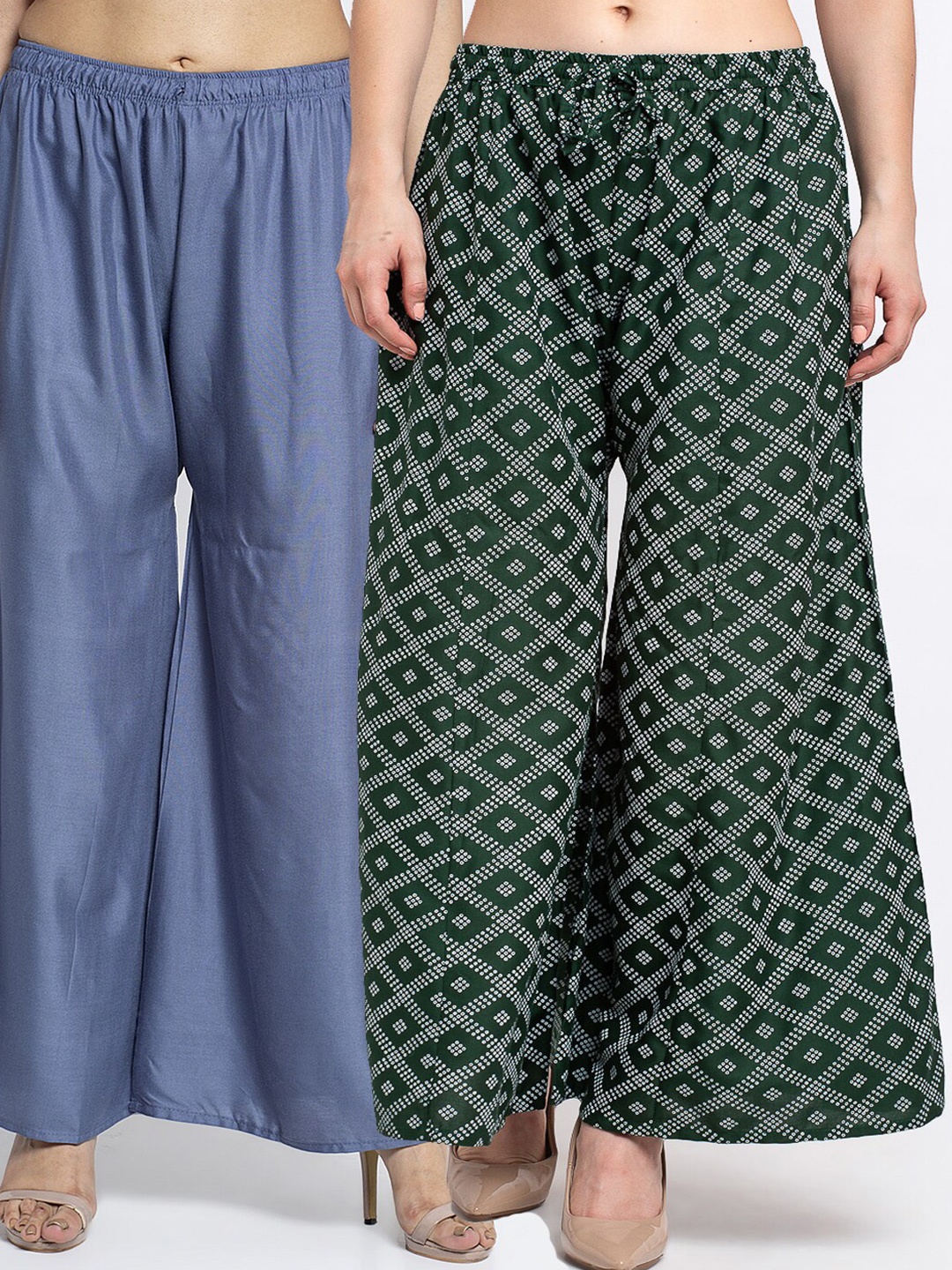 

GRACIT Women Set of 2 Grey & Green Printed Flared Knitted Ethnic Palazzos