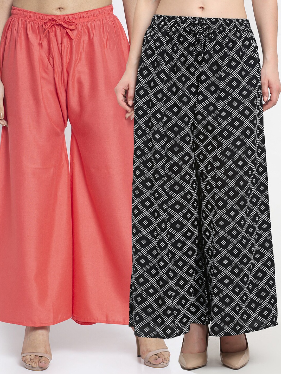 

GRACIT Women Pack of 2 Pink & Navy Blue Checked Wide Leg Palazzos